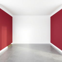 A 3D visualization of a rectangular room showcasing a color scheme of deep burgundy (vinotinto) for one wall, a wolf gray (gris lobo) wall adjacent to it, and a white wall directly opposite