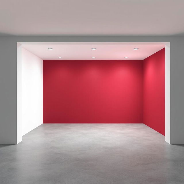 A 3D visualization of a rectangular room showcasing a color scheme of deep burgundy (vinotinto) for one wall, a wolf gray (gris lobo) wall adjacent to it, and a white wall directly opposite