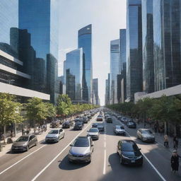 An urban scene set in the year 2020 capturing technologically advanced city life, a mix of electric and gas vehicles, interconnected high-rise buildings, and individuals using smartphones and wearables