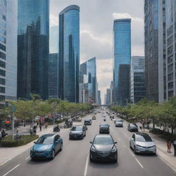 An urban scene set in the year 2020 capturing technologically advanced city life, a mix of electric and gas vehicles, interconnected high-rise buildings, and individuals using smartphones and wearables