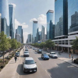 An urban scene set in the year 2020 capturing technologically advanced city life, a mix of electric and gas vehicles, interconnected high-rise buildings, and individuals using smartphones and wearables