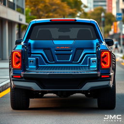 A detailed design concept for the rear of a JMC double cab truck, emphasizing a futuristic shape and defined lines