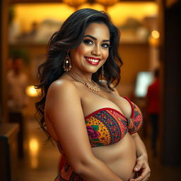A stunning portrait of a sexy Colombian woman, showcasing her BIG, voluptuous figure in a sultry and alluring pose