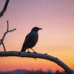 A mystical, wingless bird standing gracefully on a tree branch against a vibrant sunset backdrop