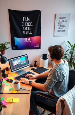 A novice video editor sitting at a desk, working on a laptop with a vibrant editing software interface visible on the screen