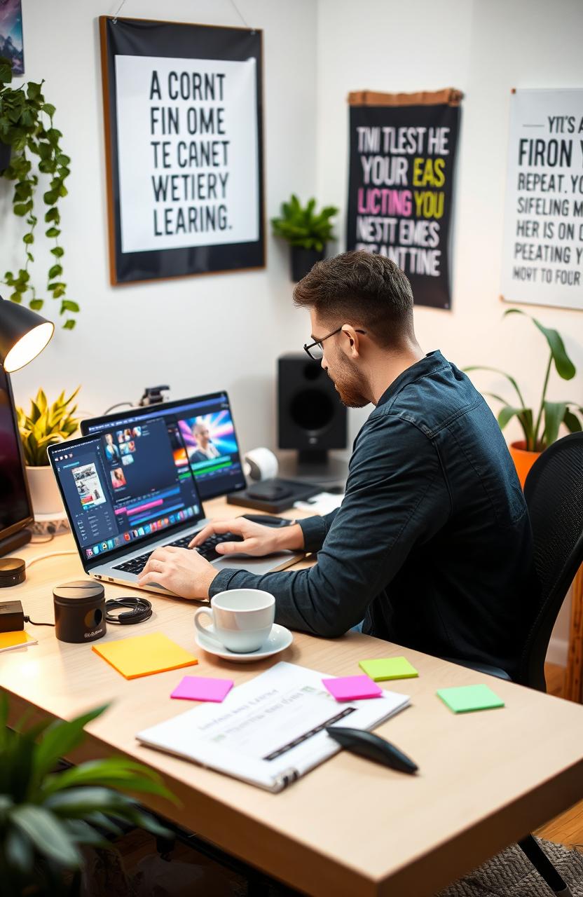 A novice video editor sitting at a desk, working on a laptop with a vibrant editing software interface visible on the screen