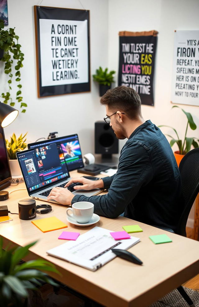 A novice video editor sitting at a desk, working on a laptop with a vibrant editing software interface visible on the screen