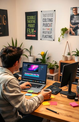 A novice video editor sitting at a desk, working on a laptop with a vibrant editing software interface visible on the screen