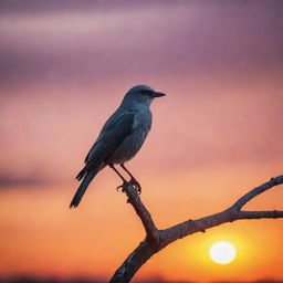 A mystical, wingless bird standing gracefully on a tree branch against a vibrant sunset backdrop