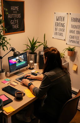 A novice video editor sitting at a desk, working on a laptop with a vibrant editing software interface visible on the screen