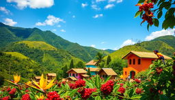 A vibrant and picturesque Colombian landscape featuring lush green mountains, colorful traditional houses, and a clear blue sky