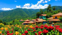 A vibrant and picturesque Colombian landscape featuring lush green mountains, colorful traditional houses, and a clear blue sky