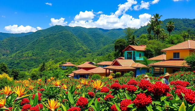 A vibrant and picturesque Colombian landscape featuring lush green mountains, colorful traditional houses, and a clear blue sky