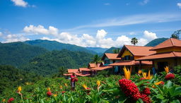 A vibrant and picturesque Colombian landscape featuring lush green mountains, colorful traditional houses, and a clear blue sky