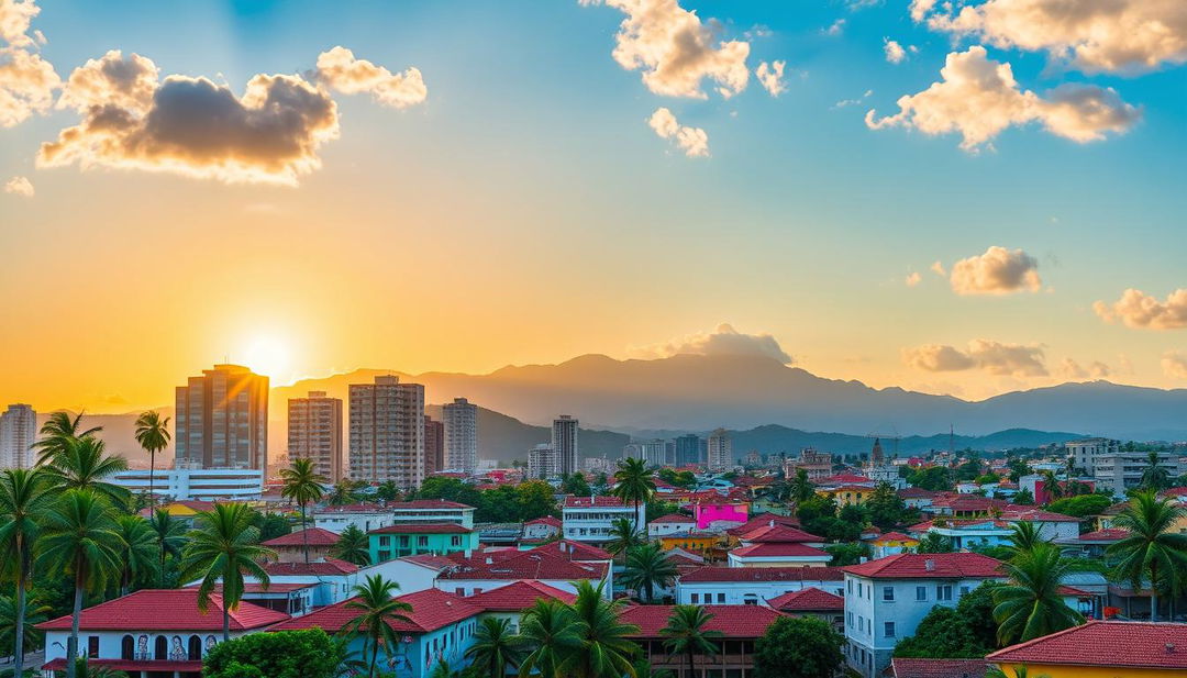 A stunning urban landscape of a Colombian city, showcasing a vibrant skyline with modern skyscrapers and traditional colonial architecture