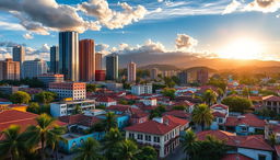 A stunning urban landscape of a Colombian city, showcasing a vibrant skyline with modern skyscrapers and traditional colonial architecture