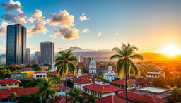 A stunning urban landscape of a Colombian city, showcasing a vibrant skyline with modern skyscrapers and traditional colonial architecture