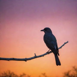 A mystical, wingless bird standing gracefully on a tree branch against a vibrant sunset backdrop