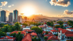 A stunning urban landscape of a Colombian city, showcasing a vibrant skyline with modern skyscrapers and traditional colonial architecture