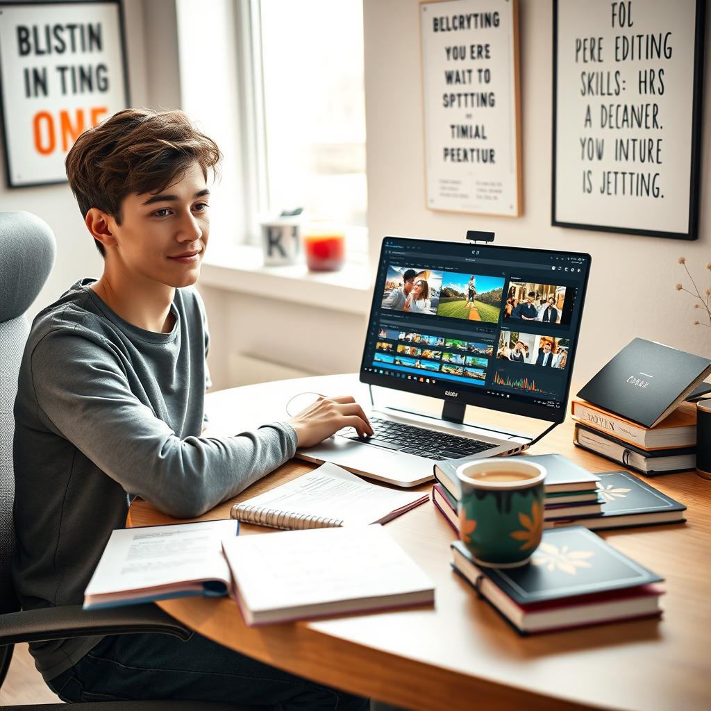 A video editor for newbies, sitting at a modern desk with a sleek laptop open, displaying an intuitive video editing software interface filled with colorful timelines and editing tools