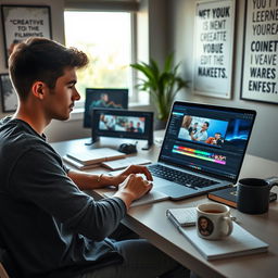 A video editor for newbies, sitting at a modern desk with a sleek laptop open, displaying an intuitive video editing software interface filled with colorful timelines and editing tools