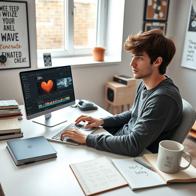 A video editor for newbies, sitting at a modern desk with a sleek laptop open, displaying an intuitive video editing software interface filled with colorful timelines and editing tools