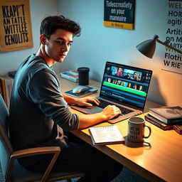 A video editor for newbies, sitting at a modern desk with a sleek laptop open, displaying an intuitive video editing software interface filled with colorful timelines and editing tools