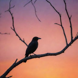 A mystical, wingless bird standing gracefully on a tree branch against a vibrant sunset backdrop