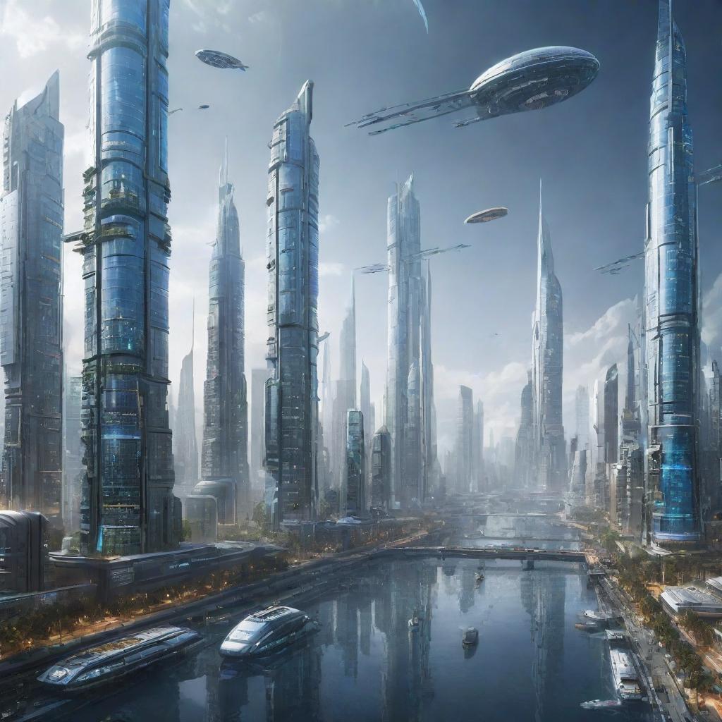 Depict an ultra-futuristic city set in the year 3000, teeming with unimaginable advancements in technology, floating vehicles, skyscrapers in space, and humans interacting with sentient AI