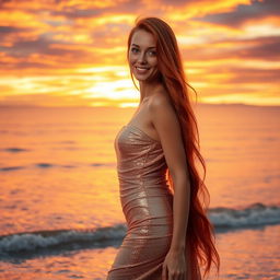 a stunningly beautiful woman with long flowing red hair, wearing a shimmering gold dress, standing on a beach during sunset