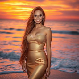 a stunningly beautiful woman with long flowing red hair, wearing a shimmering gold dress, standing on a beach during sunset