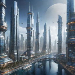 Depict an ultra-futuristic city set in the year 3000, teeming with unimaginable advancements in technology, floating vehicles, skyscrapers in space, and humans interacting with sentient AI