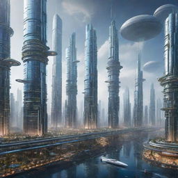 Depict an ultra-futuristic city set in the year 3000, teeming with unimaginable advancements in technology, floating vehicles, skyscrapers in space, and humans interacting with sentient AI