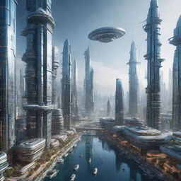 Depict an ultra-futuristic city set in the year 3000, teeming with unimaginable advancements in technology, floating vehicles, skyscrapers in space, and humans interacting with sentient AI