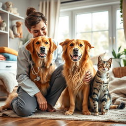 A cozy and warm veterinary home visit scene designed specifically for dogs and cats