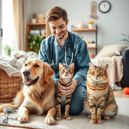 A cozy and warm veterinary home visit scene designed specifically for dogs and cats