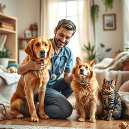 A cozy and warm veterinary home visit scene designed specifically for dogs and cats