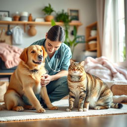 A cozy and warm veterinary home visit scene designed specifically for dogs and cats