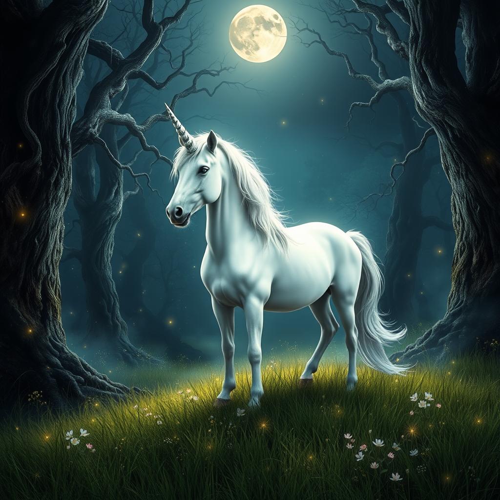 A majestic white unicorn standing under a full moon surrounded by a mystical forest