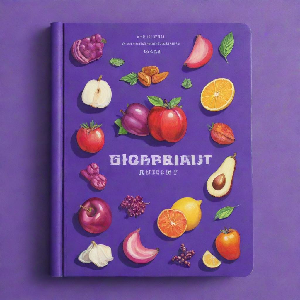 Generate a vibrant purple recipe book cover adorned with vibrant illustrations of diverse foods.