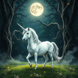 A majestic white unicorn standing under a full moon surrounded by a mystical forest