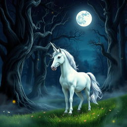 A majestic white unicorn standing under a full moon surrounded by a mystical forest