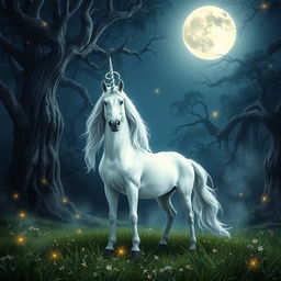 A majestic white unicorn standing under a full moon surrounded by a mystical forest