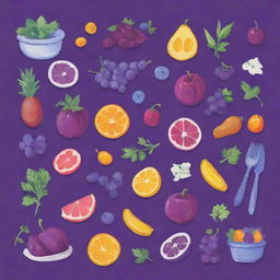 Generate a vibrant purple recipe book cover adorned with vibrant illustrations of diverse foods.