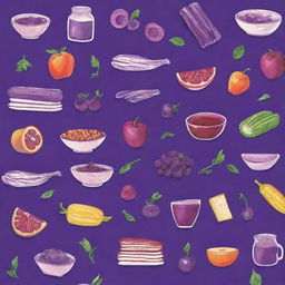 Generate a vibrant purple recipe book cover adorned with vibrant illustrations of diverse foods.