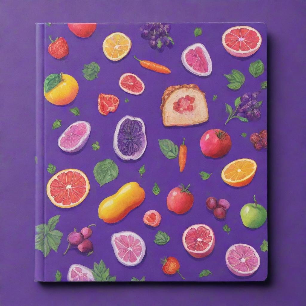 Generate a vibrant purple recipe book cover adorned with vibrant illustrations of diverse foods.