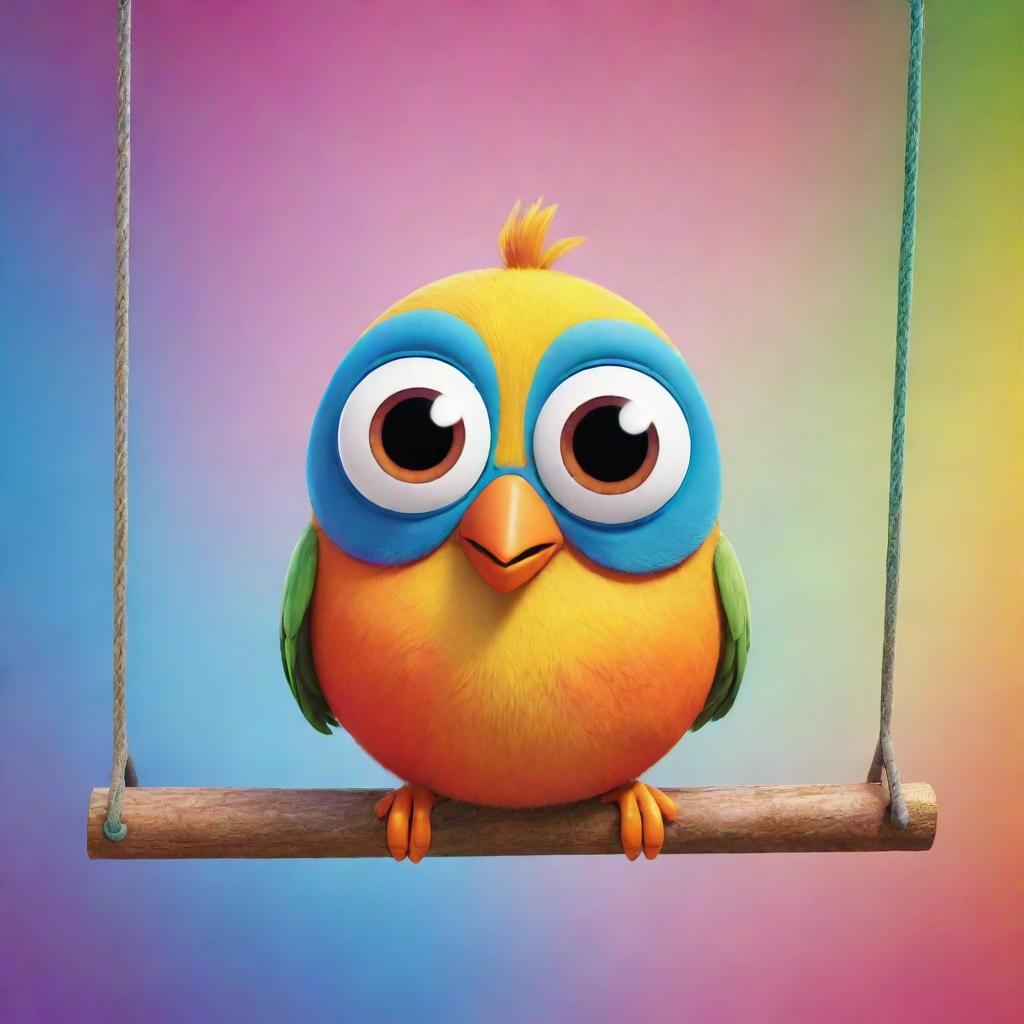 A cute and vibrant, wingless cartoon bird with oversized eyes and a charming expression, sitting on a swing in a colorful background