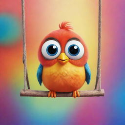 A cute and vibrant, wingless cartoon bird with oversized eyes and a charming expression, sitting on a swing in a colorful background