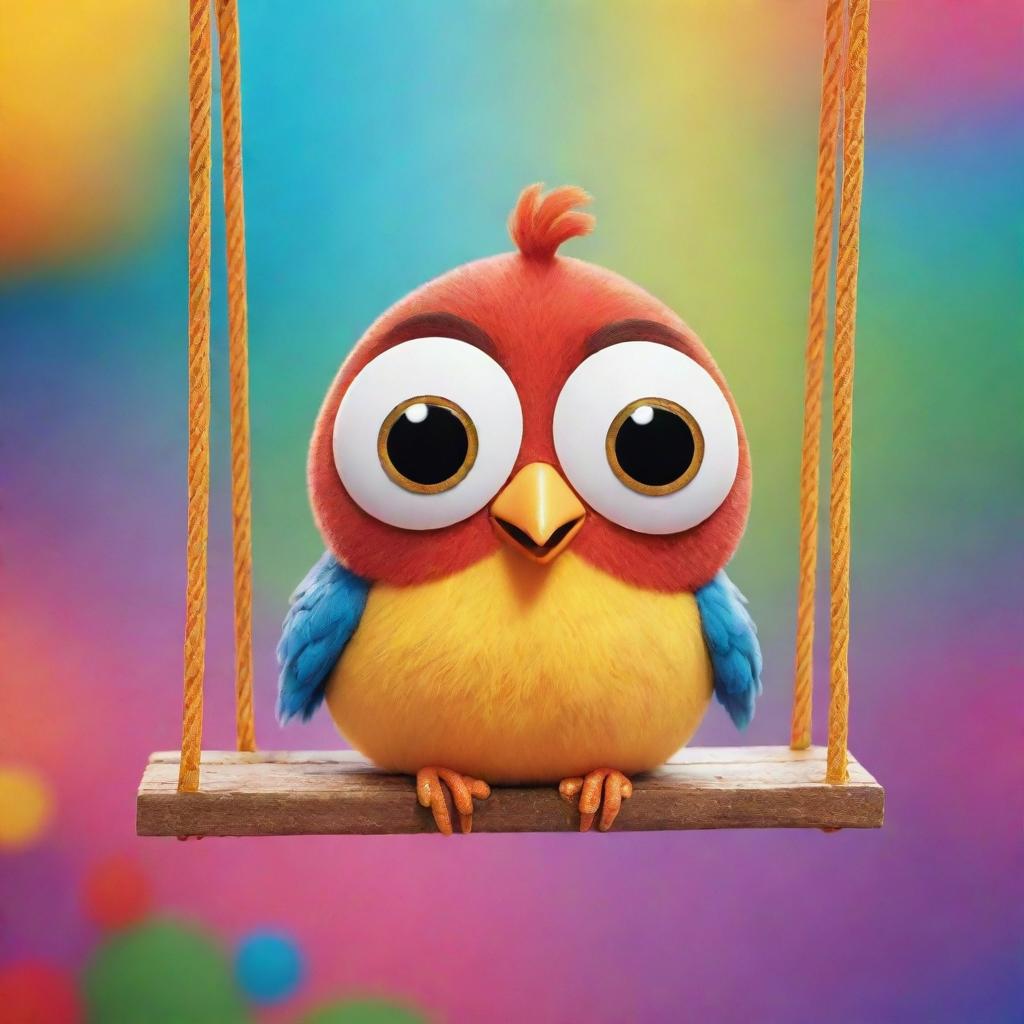 A cute and vibrant, wingless cartoon bird with oversized eyes and a charming expression, sitting on a swing in a colorful background