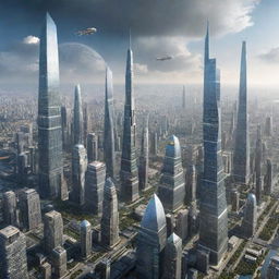 Visualize an extremely advanced cityscape in the year 4000, illustrating technologies far beyond our present comprehension, floating cities, space elevators and human interactions with highly evolved AI